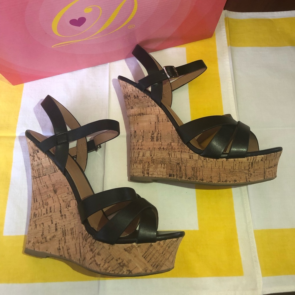 Black cork heel wedges